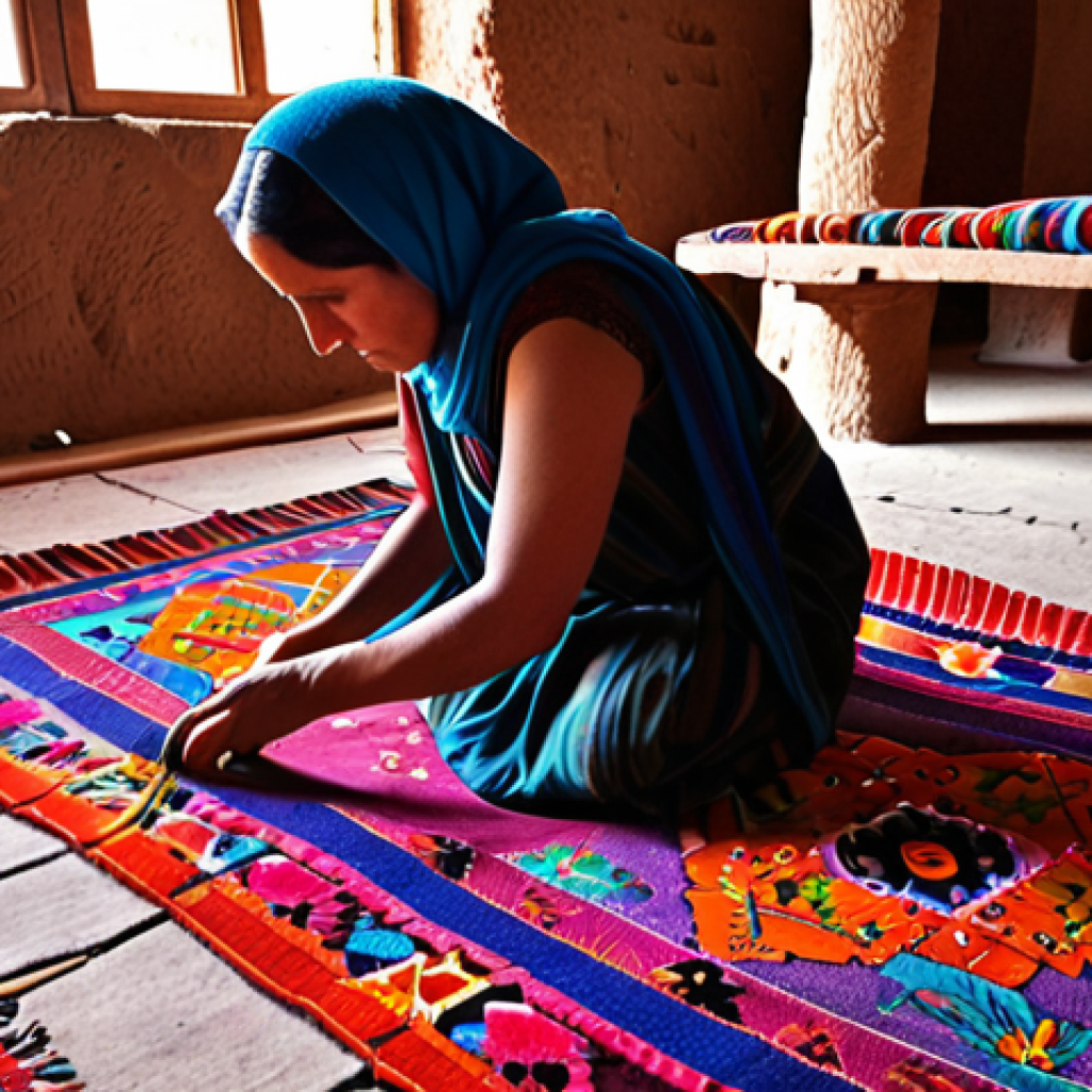 **

> Bamiyan artisans weaving colorful carpets with geometric and floral patterns in a workshop. Focus on the detail of the handwork and the vibrant colors of the wool.

**
