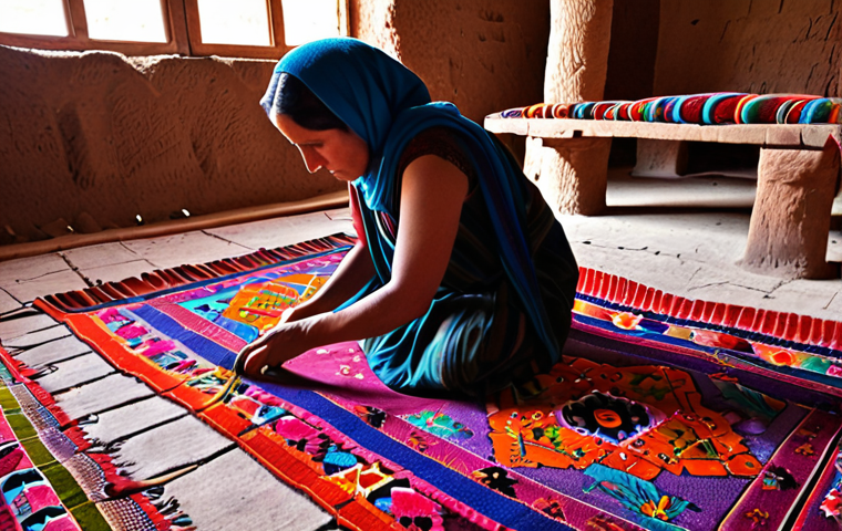 **
> Bamiyan artisans weaving colorful carpets with geometric and floral patterns in a workshop. Focus on the detail of the handwork and the vibrant colors of the wool.
**