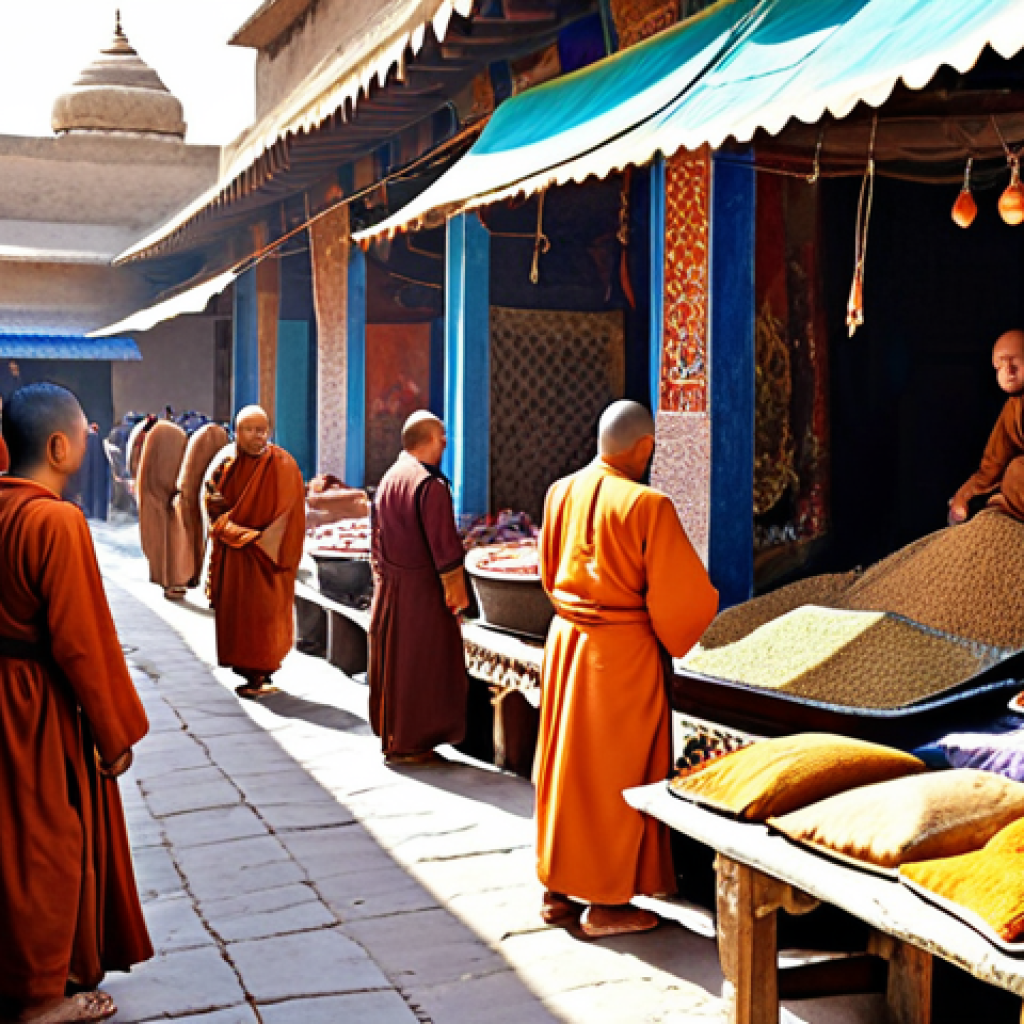 **Prompt:** A vibrant marketplace scene along the Silk Road, filled with merchants from Afghanistan and India trading spices, textiles, and precious stones. Buddhist monks are present, exchanging religious texts and philosophies. The architecture reflects a blend of Indian, Persian, and Greek styles.