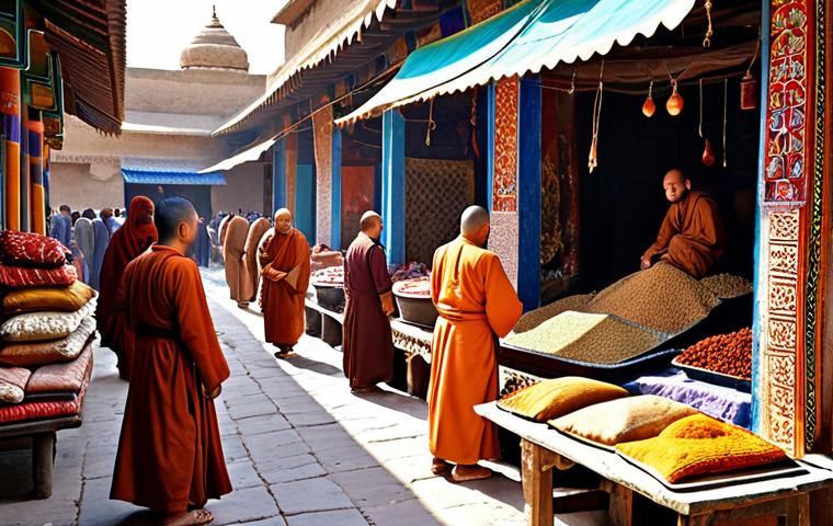 **Prompt:** A vibrant marketplace scene along the Silk Road, filled with merchants from Afghanistan and India trading spices, textiles, and precious stones. Buddhist monks are present, exchanging religious texts and philosophies. The architecture reflects a blend of Indian, Persian, and Greek styles.