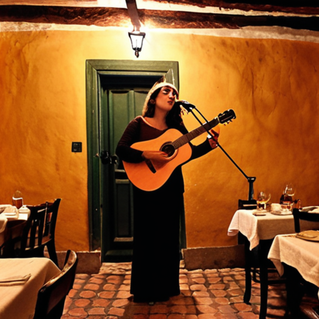 **
A dimly lit, traditional "casa de fado" in Alfama, Lisbon. A "fadista" with a melancholic expression sings passionately, a single spotlight illuminating her. In the background, a guitarist plays, and patrons sit at small tables with wine glasses. The scene should evoke a feeling of "saudade" and the soulful essence of Portuguese culture. Use a warm color palette.
**