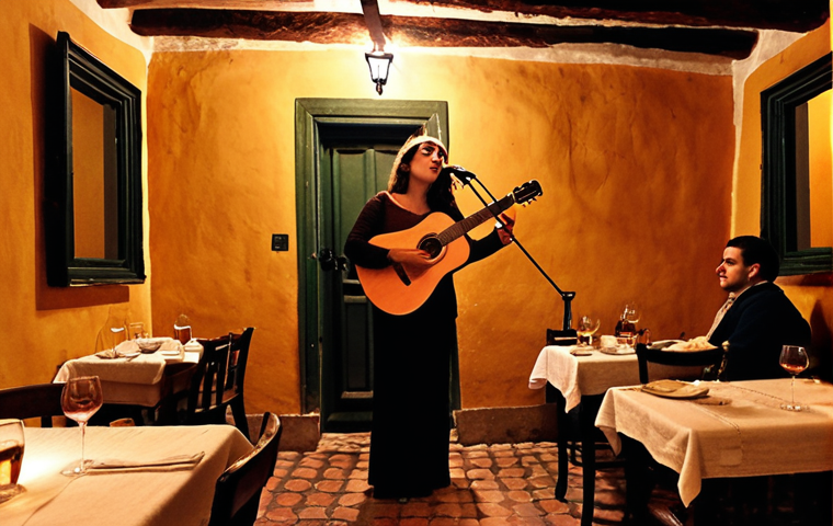 **
A dimly lit, traditional "casa de fado" in Alfama, Lisbon. A "fadista" with a melancholic expression sings passionately, a single spotlight illuminating her. In the background, a guitarist plays, and patrons sit at small tables with wine glasses. The scene should evoke a feeling of "saudade" and the soulful essence of Portuguese culture. Use a warm color palette.
**