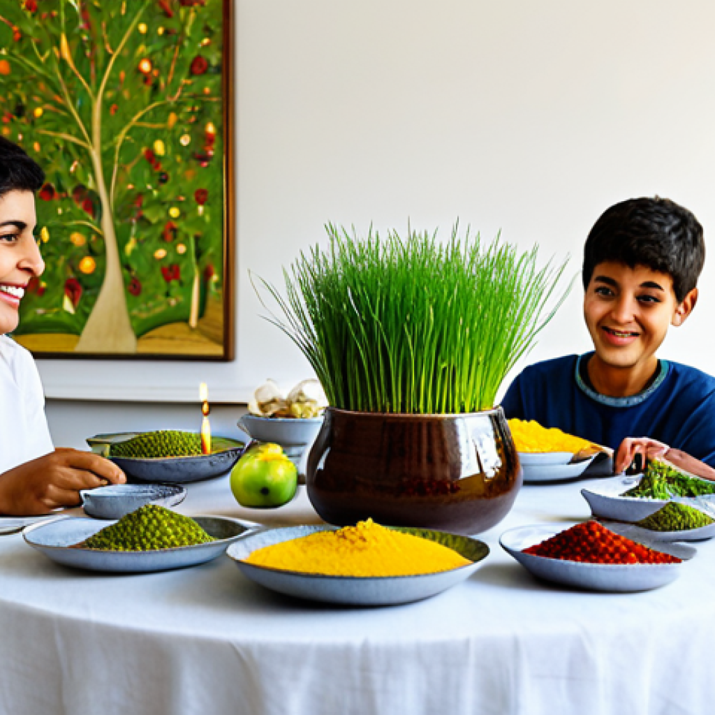 A professional wide shot capturing a vibrant Haft-Seen table, meticulously arranged in a clean, brightly lit modern living room. The table features traditional items: Sabzeh (wheatgrass sprouts), Samanoo (sweet pudding), Senjed (wild olive fruit), Sir (garlic), Sib (apple), Serkeh (vinegar), and Sumac (spice). Also present are a polished mirror, glowing candles, a small bowl with coins, and a traditional book. A multi-generational family, including adults and children, is respectfully gathered around the table, observing the setup with joyful expressions, fully clothed in modest, appropriate attire. The scene emanates warmth and cultural reverence. Perfect anatomy, correct proportions, natural pose, well-formed hands, proper finger count, natural body proportions, safe for work, appropriate content, professional photography, high quality, family-friendly.