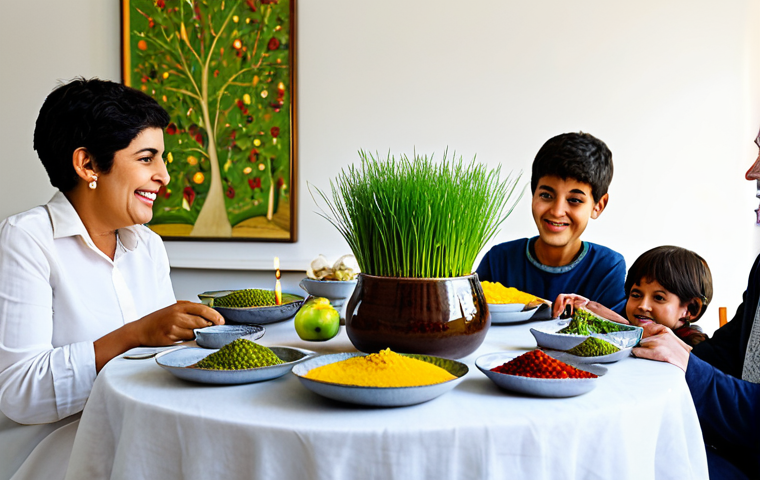 A professional wide shot capturing a vibrant Haft-Seen table, meticulously arranged in a clean, brightly lit modern living room. The table features traditional items: Sabzeh (wheatgrass sprouts), Samanoo (sweet pudding), Senjed (wild olive fruit), Sir (garlic), Sib (apple), Serkeh (vinegar), and Sumac (spice). Also present are a polished mirror, glowing candles, a small bowl with coins, and a traditional book. A multi-generational family, including adults and children, is respectfully gathered around the table, observing the setup with joyful expressions, fully clothed in modest, appropriate attire. The scene emanates warmth and cultural reverence. Perfect anatomy, correct proportions, natural pose, well-formed hands, proper finger count, natural body proportions, safe for work, appropriate content, professional photography, high quality, family-friendly.