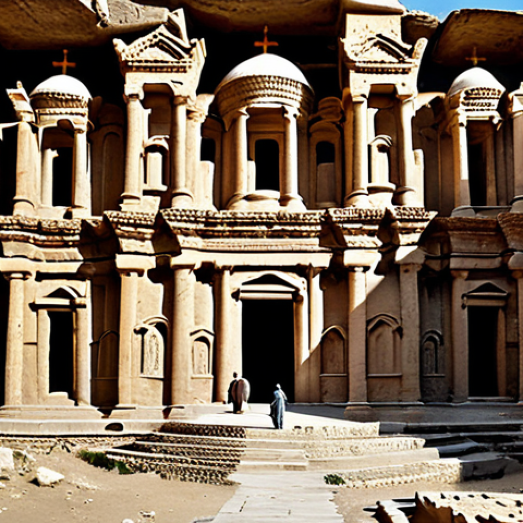 A professional photograph of an ancient Greco-Buddhist rock-cut monastery in Afghanistan, showcasing large, sculpted niches and grand, intricately carved pillars. The scene features the architectural integration of serene, draped figures, reflecting a harmonious blend of Eastern spirituality and classical Greek artistic influence. The environment is a dramatic, rocky mountainous landscape under natural daylight. This image embodies professional archaeological photography, high detail, and rich historical textures, safe for work, appropriate content, fully clothed, professional, family-friendly, perfect anatomy, correct proportions, natural pose, well-formed hands, proper finger count, natural body proportions.