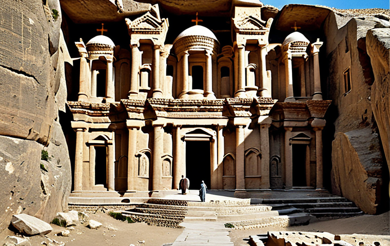 A professional photograph of an ancient Greco-Buddhist rock-cut monastery in Afghanistan, showcasing large, sculpted niches and grand, intricately carved pillars. The scene features the architectural integration of serene, draped figures, reflecting a harmonious blend of Eastern spirituality and classical Greek artistic influence. The environment is a dramatic, rocky mountainous landscape under natural daylight. This image embodies professional archaeological photography, high detail, and rich historical textures, safe for work, appropriate content, fully clothed, professional, family-friendly, perfect anatomy, correct proportions, natural pose, well-formed hands, proper finger count, natural body proportions.