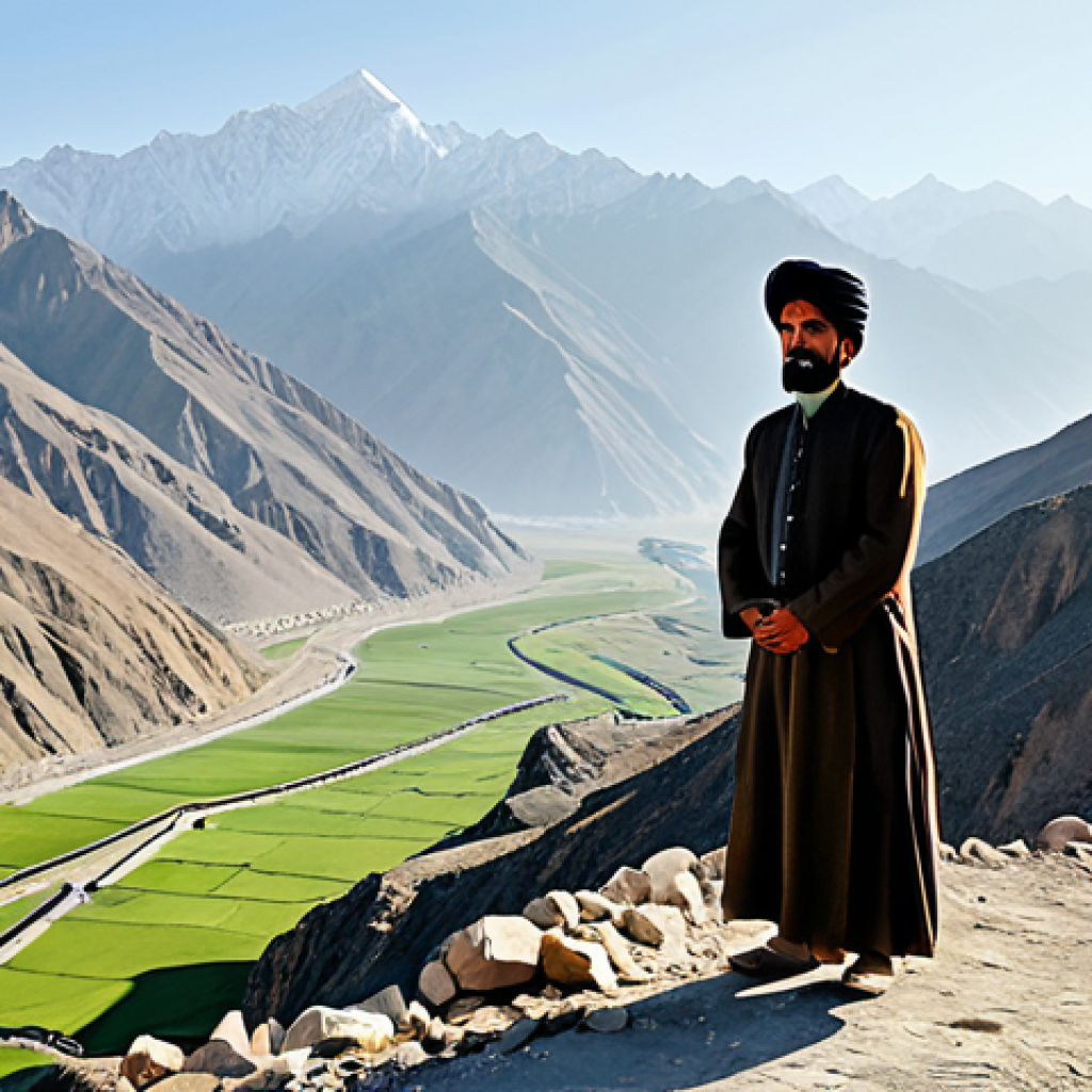 A commanding Afghan tribal figure, fully clothed in modest, traditional 19th-century attire, stands resolute on a rugged mountain pass in the Hindu Kush. The figure looks out over the vast, challenging terrain, embodying the spirit of resistance and a deep connection to the land. The scene captures the formidable natural fortress and the resilience of the Afghan people. Soft, natural light illuminates the scene, depicting professional photography, high quality, perfect anatomy, correct proportions, well-formed hands, proper finger count, natural body proportions, natural pose, safe for work, appropriate content, fully clothed, modest clothing, professional dress, family-friendly.