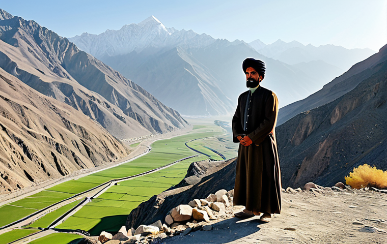 A commanding Afghan tribal figure, fully clothed in modest, traditional 19th-century attire, stands resolute on a rugged mountain pass in the Hindu Kush. The figure looks out over the vast, challenging terrain, embodying the spirit of resistance and a deep connection to the land. The scene captures the formidable natural fortress and the resilience of the Afghan people. Soft, natural light illuminates the scene, depicting professional photography, high quality, perfect anatomy, correct proportions, well-formed hands, proper finger count, natural body proportions, natural pose, safe for work, appropriate content, fully clothed, modest clothing, professional dress, family-friendly.