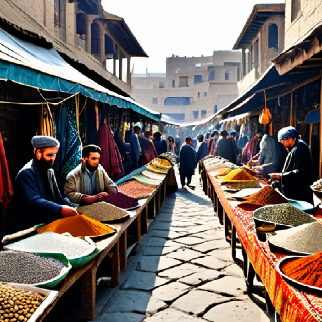 Kabul Bazaar - A Silk Road Tapestry**

"A bustling marketplace in Kabul, Afghanistan, showcasing vibrant textiles, spices, and ceramics. Merchants in traditional, fully clothed attire barter with customers. In the background, historic architecture blends Persian and Central Asian styles. Focus on the rich colors and textures. Safe for work, appropriate content, family-friendly, professional photography, perfect anatomy, natural proportions, high quality."

**