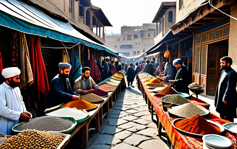 Kabul Bazaar - A Silk Road Tapestry**

"A bustling marketplace in Kabul, Afghanistan, showcasing vibrant textiles, spices, and ceramics. Merchants in traditional, fully clothed attire barter with customers. In the background, historic architecture blends Persian and Central Asian styles. Focus on the rich colors and textures. Safe for work, appropriate content, family-friendly, professional photography, perfect anatomy, natural proportions, high quality."

**