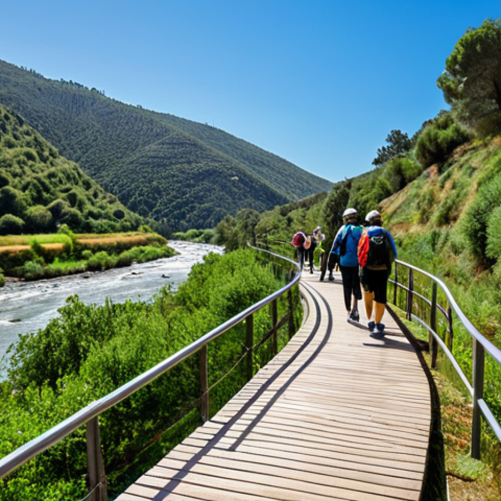 **

"A scenic view of the Paiva Walkways in Portugal, winding along the Paiva River. Lush green vegetation on the riverbanks. Perfect anatomy, correct proportions, natural pose. Blue sky with scattered clouds. Fully clothed hikers enjoying the trail in appropriate attire. Safe for work, appropriate content, professional photography, high quality, family-friendly."

**