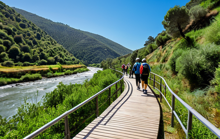 **

"A scenic view of the Paiva Walkways in Portugal, winding along the Paiva River. Lush green vegetation on the riverbanks. Perfect anatomy, correct proportions, natural pose. Blue sky with scattered clouds. Fully clothed hikers enjoying the trail in appropriate attire. Safe for work, appropriate content, professional photography, high quality, family-friendly."

**