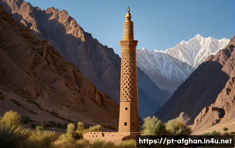 미나레트 오브 잠 유적지 - A highly detailed and realistic depiction of the Minaret of Jam standing tall in a remote mountainou...