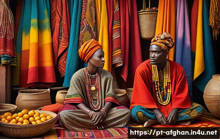 민족별 전통 의상 차이점 - A vibrant traditional African market scene showcasing men and women dressed in colorful, symbolic at...