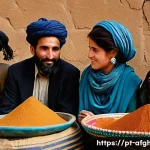 Home 22 아프가니스탄 언어 - A vibrant Afghan marketplace scene capturing the dynamic coexistence of Pashto and Dari speakers. In...