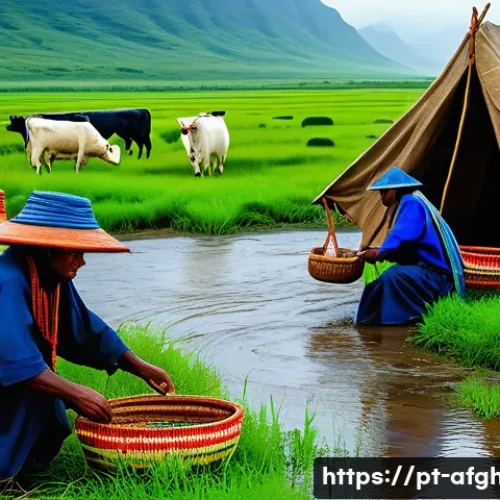 Home 33 와칸의 유목민 생활 - A detailed scene of the Wakan nomadic community during the rainy season, showing a group of people i...