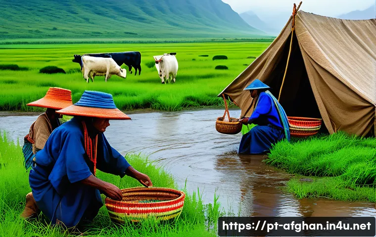 와칸의 유목민 생활 - A detailed scene of the Wakan nomadic community during the rainy season, showing a group of people i...