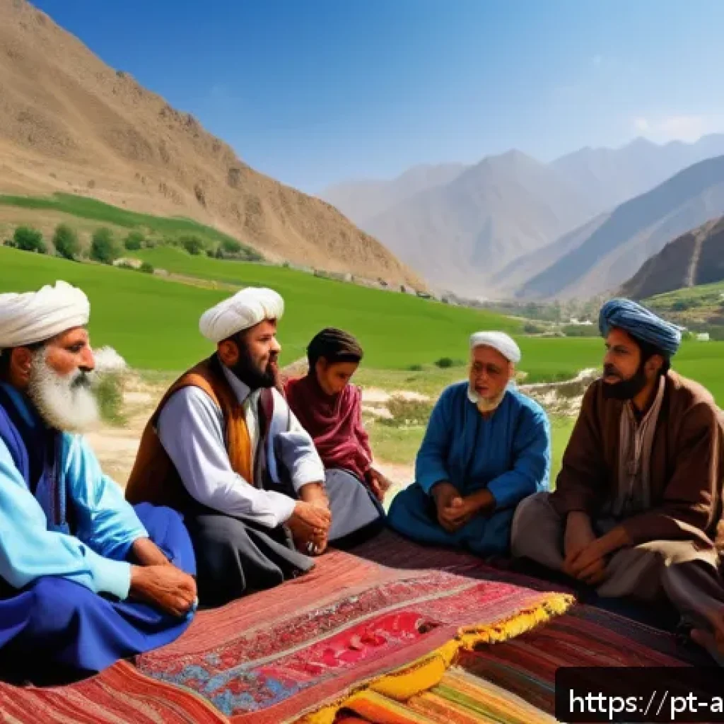 파슈토 문학 작품 소개 - A traditional Pashtun poet performing a heartfelt poem in a mountainous village setting, wearing mod...