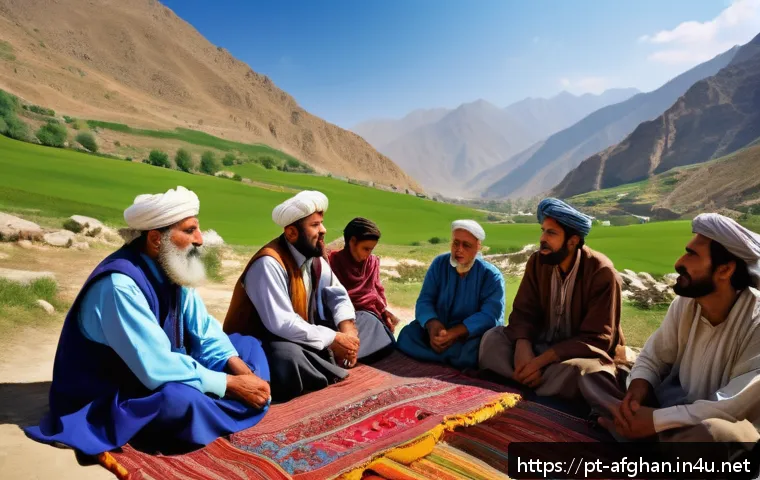 파슈토 문학 작품 소개 - A traditional Pashtun poet performing a heartfelt poem in a mountainous village setting, wearing mod...