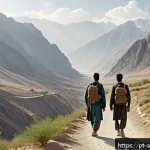 Home 23 아프가니스탄 여행 금지 구역 - A rugged mountainous landscape in Afghanistan’s Hindu Kush region during daylight, showing a narrow ...