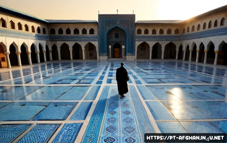아프가니스탄 종교적 분포 - Photorealistic wide view of a historic mosque courtyard in Kabul at sunrise, Afghan Muslim men and w...
