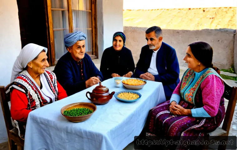 타지크족의 주요 문화 - Photorealistic Tajik family gathering in a traditional courtyard home, elderly grandparents and adul...